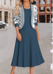 Geometric Print Two Piece Peacock Blue Dress and Cardigan