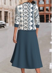 Geometric Print Two Piece Peacock Blue Dress and Cardigan