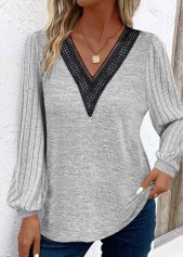 Patchwork Light Grey Long Sleeve V Neck T Shirt