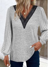 Patchwork Light Grey Long Sleeve V Neck T Shirt