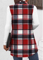 Plaid Patchwork Dark Camel Sleeveless Shirt Collar Waistcoat