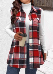 Plaid Button Wine Red Sleeveless Shirt Collar Waistcoat