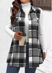 Plaid Patchwork Dark Camel Sleeveless Shirt Collar Waistcoat