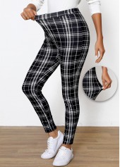 Plaid Black Elastic Waist High Waisted Ankle Length Leggings