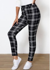Plaid Black Elastic Waist High Waisted Ankle Length Leggings