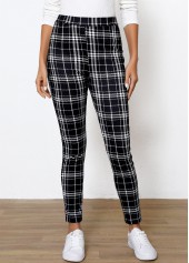 Plaid Black Elastic Waist High Waisted Ankle Length Leggings