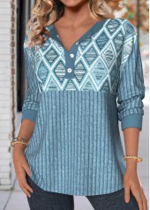 Geometric Print Button Dusty Blue Long Sleeve Sweatshirt