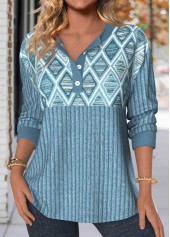 Geometric Print Button Dusty Blue Long Sleeve Sweatshirt