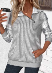 Plaid Patchwork Light Grey Long Sleeve Asymmetrical Neck Sweatshirt