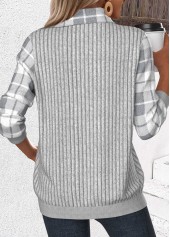 Plaid Patchwork Light Grey Long Sleeve Asymmetrical Neck Sweatshirt