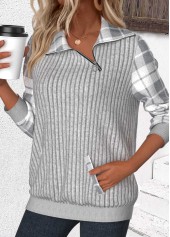 Plaid Patchwork Light Grey Long Sleeve Asymmetrical Neck Sweatshirt