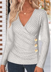 Button Light Grey Long Sleeve V Neck T Shirt
