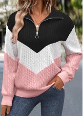 Jacquard Pink Long Sleeve Turn Down Collar Sweatshirt