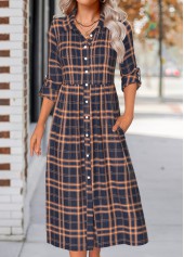 Plaid Button Navy Long Sleeve Shirt Collar Dress