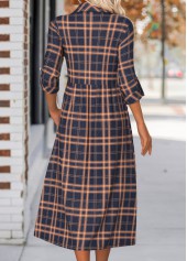 Plaid Button Navy Long Sleeve Shirt Collar Dress