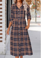 Plaid Button Navy Long Sleeve Shirt Collar Dress