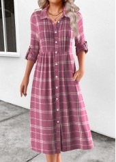 Plaid Button Pink Long Sleeve Shirt Collar Dress