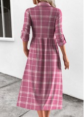 Plaid Button Pink Long Sleeve Shirt Collar Dress