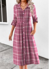 Plaid Button Pink Long Sleeve Shirt Collar Dress