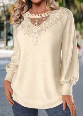 Embroidery Beige Long Sleeve Round Neck T Shirt