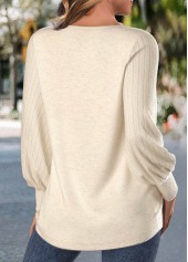 Embroidery Beige Long Sleeve Round Neck T Shirt