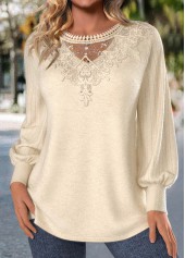 Embroidery Beige Long Sleeve Round Neck T Shirt