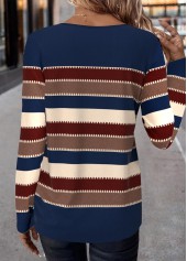 Striped Patchwork Blue Long Sleeve Round Neck T Shirt
