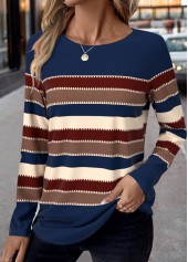 Striped Patchwork Blue Long Sleeve Round Neck T Shirt