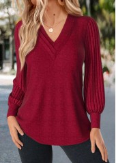 Patchwork Red Long Sleeve V Neck T Shirt