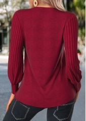 Patchwork Red Long Sleeve V Neck T Shirt