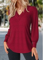 Patchwork Red Long Sleeve V Neck T Shirt
