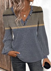 Geometric Print Patchwork Dark Blue Long Sleeve T Shirt