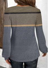 Geometric Print Patchwork Dark Blue Long Sleeve T Shirt