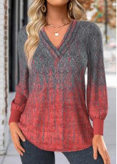 Ombre Dark Grey Long Sleeve V Neck T Shirt