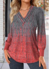 Ombre Dark Grey Long Sleeve V Neck T Shirt