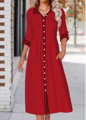 Plaid Button Wine Red Long Sleeve Shirt Collar Dress