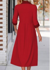 Plaid Button Wine Red Long Sleeve Shirt Collar Dress