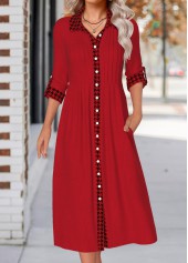 Plaid Button Wine Red Long Sleeve Shirt Collar Dress