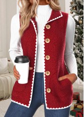 Button Red Sleeveless Stand Collar Waistcoat