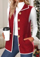 Button Red Sleeveless Stand Collar Waistcoat