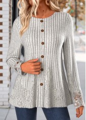 Embroidery Light Grey Marl Long Sleeve Round Neck T Shirt