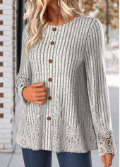 Embroidery Light Grey Marl Long Sleeve Round Neck T Shirt