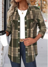 Plaid Patchwork Green Long Sleeve Turn Down Collar Coat