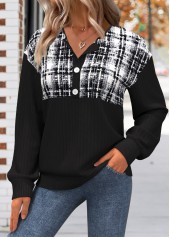 Plaid Button Black Long Sleeve Split Neck Sweatshirt
