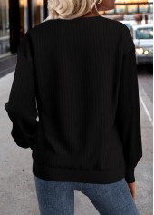 Plaid Button Black Long Sleeve Split Neck Sweatshirt