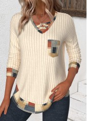 Geometric Print Patchwork Beige Long Sleeve T Shirt