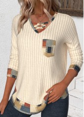 Geometric Print Patchwork Beige Long Sleeve T Shirt