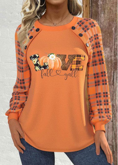 Halloween Button Orange Long Sleeve Round Neck Sweatshirt Halloween Button Orange Long Sleeve Round Neck Sweatshirt