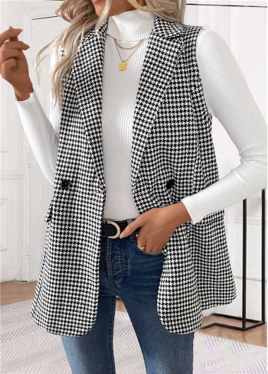 Geometric Print Button Black Sleeveless Turn Down Collar Waistcoat