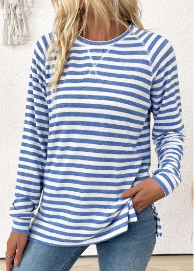 Striped Light Blue Long Sleeve Round Neck T Shirt Striped Light Blue Long Sleeve Round Neck T Shirt
